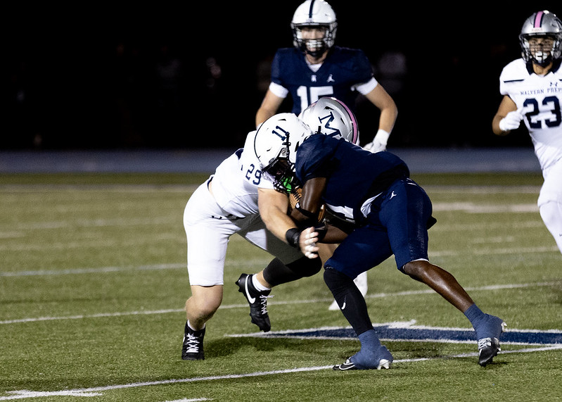 Photo from Mr. Robert Colameco: Malvern Prep player tackles Episcopal Academy running back. No injuries were sustained.